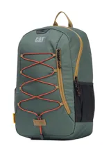 Mochila urbana y de senderismo marca Caterpillar, color verde con detalles en naranja y marrón. Presenta un diseño ligero en tejido ripstop hexagonal, con cordón elástico frontal para almacenamiento, bolsillos laterales de malla, compartimento principal con bolsillo interior y logo reflectante.
