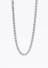 Cadena plateada de acero quirúrgico con eslabones entrelazados en forma de espiga.