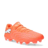 Championes de fútbol Puma Future 9 Play Fg/Ag, color naranja vibrante con detalles en blanco. Presentan un diseño texturizado en el empeine para un mejor control del balón, el logo de Puma en el lateral y una suela con tapones diseñados para superficies firmes y artificiales.