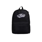 Mochila Vans modelo Realm, color negro, con compartimento principal con cierre, bolsillo frontal con cierre y logo de la marca bordado en la parte superior.