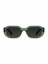 Lentes de sol con armazón geométrico de policarbonato en color verde oliva traslúcido y cristales polarizados en tono verde oscuro.