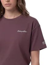 Remera Caterpillar de corte boxy, color marrón oscuro, con cuello redondo y mangas cortas. Presenta un delicado bordado con el logotipo de la marca en el pecho y un parche tejido en la manga.