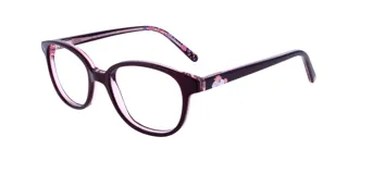 Armazón de acetato color borgoña con forma rectangular redondeada y detalles florales en las patillas. Modelo MIAA035 col 42 de Minions.