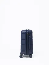 Valija rígida de viaje color azul marino, con cuatro ruedas giratorias, manija extensible y candado de combinación.