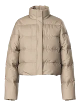 Campera puffer corta de manga larga con cuello alto, cierre frontal oculto y diseño acolchado.