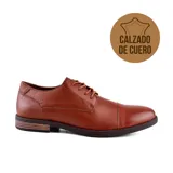 Zapato de vestir acordonado color marrón de cuero liso, con puntera redondeada y suela de goma.