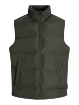 Chaleco acolchado de diseño puffer con cuello alto y cierre frontal con cremallera. Presenta un acabado liso y minimalista, ideal para capas de abrigo.