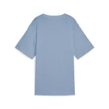 Remera celeste de corte holgado con nudo en la parte inferior y logo de Puma estampado en blanco en el pecho.