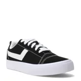 Championes de estilo urbano marca Pony, confeccionados en una combinación de lona y gamuza negra con detalles en blanco. Presentan el logo característico de la marca en el lateral, cordones blancos y suela de goma blanca con textura.