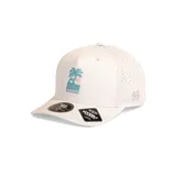 Gorro beige con logo de Maui and Sons bordado en celeste, con orificios de ventilación laterales y visera curva.