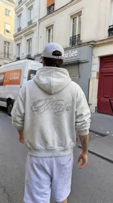 Hoodie gris melange con capucha, cierre frontal y gran bordado en relieve en la espalda.