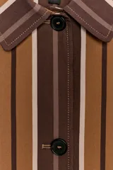 Chaqueta tipo bomber de cuello solapa y manga larga, con cierre frontal de botones y bolsillos de vivo en el delantero. Presenta un diseño a rayas verticales en tonos marrones y beige.