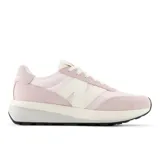 Championes urbanos New Balance modelo 370, color rosado con detalles en blanco. Presentan una combinación de paneles de gamuza y tela, con el logo 'N' característico en los laterales y una suela de plataforma con base negra.