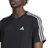 Remera deportiva Adidas de manga corta, color negro, con cuello redondo. Presenta las tres franjas características de Adidas en blanco a lo largo de los hombros y mangas, y el logo Badge of Sport en blanco en el pecho.