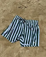 Short de baño celeste y blanco a rayas verticales, con cintura elástica ajustable con cordón negro y logo de la marca en la pierna izquierda.