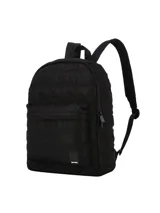 Mochila Level Up acolchada de color negro, con diseño urbano y liviano, compartimento principal amplio, bolsillo frontal con cierre y correas regulables.
