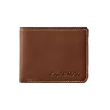 Billetera Rip Curl modelo Dosed Rfid Slim de cuero color marrón, con diseño plegable, costuras contrastantes y el logo de la marca grabado en relieve en la parte frontal.