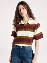 Polo de manga corta con diseño de rayas horizontales en tonos crema, bordó y marrón. Presenta cuello clásico y cierre frontal con dos botones.