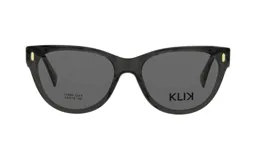 Lentes ópticos Klix modelo 103AD, color gris translúcido con diseño de armazón tipo cat-eye y detalles metálicos dorados en las esquinas superiores.