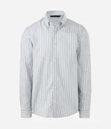 Camisa de corte regular confeccionada en una mezcla de bambú y poliéster, con diseño de rayas verticales en tono verde claro y blanco. Presenta cuello inglés, cierre frontal con botones y mangas largas con puños ajustables.