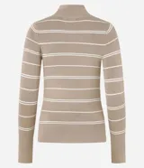 Suéter de punto negro con rayas horizontales blancas, cuello alto y mangas largas.