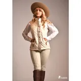 Chaleco capitoneado color beige, con cuello alto, cierre frontal con botones a presión, bolsillos laterales con ribete de cuero y diseño acolchado.