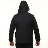 Campera deportiva Diadora de color negro, con capucha ajustable, cierre frontal completo y puños elásticos. Presenta el logo de la marca estampado en el pecho.