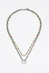 Collar de estilo gargantilla y largo, compuesto por múltiples cadenas plateadas. Dos de las cadenas están adornadas con cristales de colores brillantes (rosa, naranja, amarillo, verde, azul, violeta). Las otras cadenas son de eslabones finos. El dije principal es un aro metálico plateado con un corazón calado en el centro, decorado con pequeños cristales de colores.