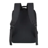 Mochila negra con diseño minimalista, con apertura superior y cierre. Tiene dos bolsillos frontales con cierre, compartimento para laptop y bolsillos internos. Incluye puerto USB para carga de dispositivos, correa de mano y correas acolchadas regulables para la espalda.