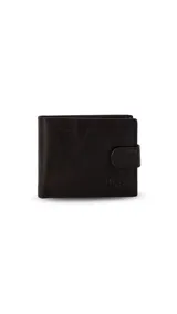 Billetera de cuero marrón con presilla y broche a presión. Cuenta con doble repartición para billetes, tarjeteros, bolsillos y monedero con cierre. Tiene las iniciales "LNS" grabadas en el frente.