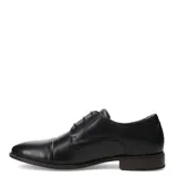 Zapato de vestir tipo oxford para hombre, confeccionado en cuero negro con cierre de cordones, puntera reforzada y suela de madera con tacón bajo.