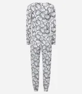 Pijama de dos piezas con estampado integral de Hello Kitty. Incluye una blusa de manga larga con cuello redondo y un pantalón con cintura elástica, confeccionado en tejido acanalado.