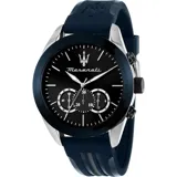 Reloj Maserati Traguardo R8871612046 con caja de acero inoxidable de 45 mm de diámetro, esfera negra con logo Maserati, cristal mineral y correa de silicona azul con logo Maserati. Resistente al agua hasta 10 ATM.