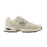 Championes New Balance modelo 740 V2, color beige con detalles en blanco y negro. Presentan una estructura de malla transpirable con refuerzos sintéticos, logo N lateral y tecnología de amortiguación ABZORB en la entresuela.