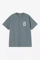 Remera de manga corta Carhartt WIP modelo S/S Locked, color gris oscuro, de corte holgado, con cuello redondo y estampado gráfico en el pecho en forma de cerradura con el nombre de la marca.