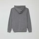 Canguro gris con capucha, cierre frontal con cremallera y bolsillos tipo canguro.