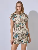 Short de lino estampado con motivos florales, pretina ancha elastizada y bolsillos inclinados en la parte delantera.