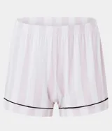 Conjunto de pijama corto americano de viscosa con estampado de rayas verticales. Incluye camisa de manga corta con cuello solapa y botones, y short con cintura elástica y lazo.