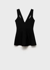 Top de punto fino con diseño peplum, escote en pico y tirantes anchos. Presenta un corte entallado en el torso que se abre en la cintura y espalda abierta.