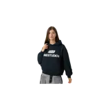 Hoodie oversized de color negro, confeccionado con capucha, bolsillo frontal tipo canguro y estampado gráfico de la marca en el pecho.