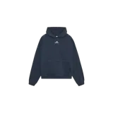 Hoodie oversize azul marino con capucha, bolsillo frontal tipo canguro y pequeño logo blanco impreso en el pecho.