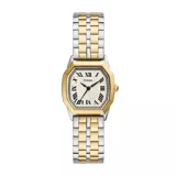 Reloj analógico Fossil modelo Harlow con caja octogonal de 27mm y malla de eslabones en acero bicolor dorado y plateado. Presenta una esfera color crema con textura y números romanos negros.