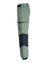 Pantalón técnico de esquí impermeable y cortaviento, de tiro alto y corte recto. Presenta un diseño bicolor en verde laurel y negro, con cierre frontal de cremallera y botones, bolsillos laterales, y refuerzos en la parte inferior con polainas internas antinieve.