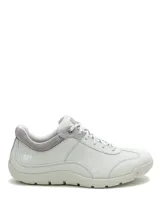 Championes de mujer Caterpillar modelo Versy Lo, color gris claro con detalles en gamuza más oscura en el talón y ojetes. Capellada de cuero nobuck y gamuza, con suela de goma y cordones.
