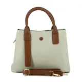 Cartera Darkness de cuero sintético color blanco con detalles en marrón. Tiene doble asa corta y correa larga desmontable.