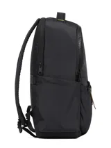 Mochila Cat modelo Virginia Laptop Back, color negro, de diseño ligero y repelente al agua, con asa superior, correas ajustables y acolchadas, compartimento independiente para computadora portátil en el panel trasero, compartimento principal con bolsillos internos de malla, bolsillos frontales con cierre de cordón y correa para trolley en la parte trasera.