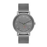Reloj Skagen Kuppel con caja de acero inoxidable gris de 44mm, malla metálica gris de 22mm, mecanismo de cuarzo con tres agujas y sub-segundero, esfera gris con acabado arenado y cristal mineral.