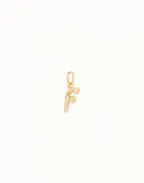 Dije con forma de letra F, bañado en oro de 18k, con acabado pulido y argolla superior para colgar.