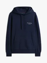 Buzo con capucha y bolsillo canguro Tommy Hilfiger de color azul marino, con cordones ajustables, puños y bajo acanalados, y pequeño logo bordado en el pecho.