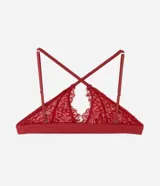 Soutien top de encaje floral color rojo, sin aro ni relleno, con breteles finos regulables y removibles.